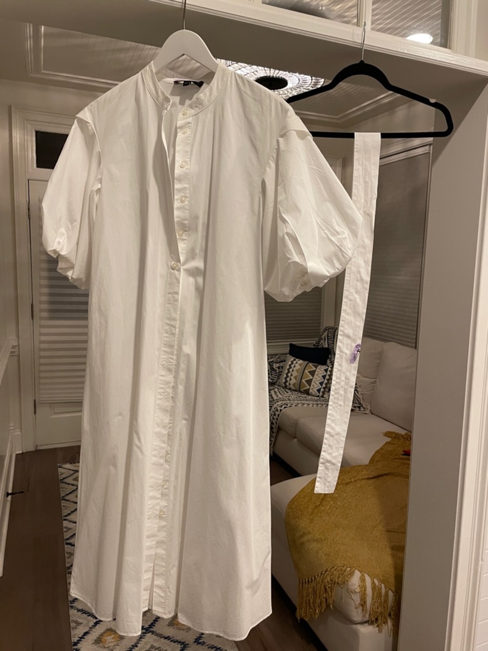 White Button-Front Puff Sleeve Shirt Dress with Belt